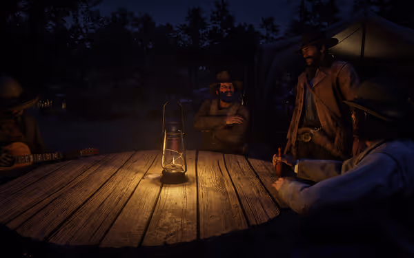 A group of male characters gathered around a lantern-lit table at night.