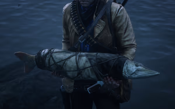 Person holding large fish wrapped in ropes near body of water.