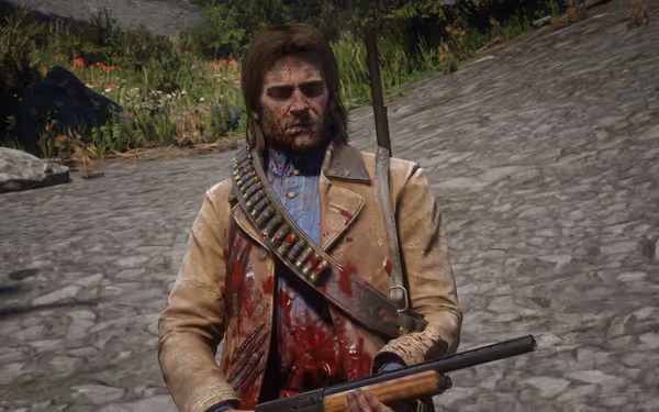 Person with bandolier, and rifle standing on cobblestone path.