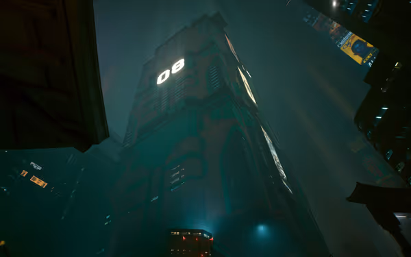 Tall futuristic building labeled "08" glows in a foggy cityscape with neon lights.