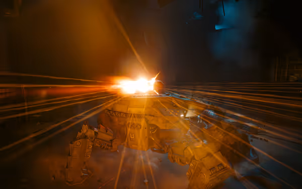 A heavily armored mech fires sprays of bullets, leaving bright smoky trails.