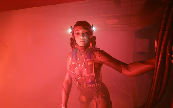 Female character in a red bodysuit with helmet lights stands in red fog.