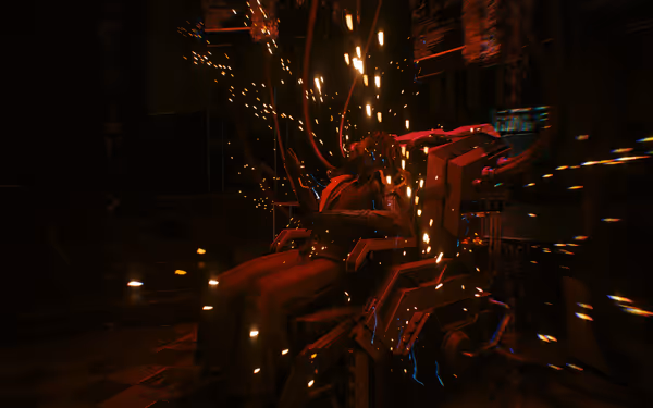 Person strapped to a futuristic chair with sparks flying, surrounded by cables and machinery.
