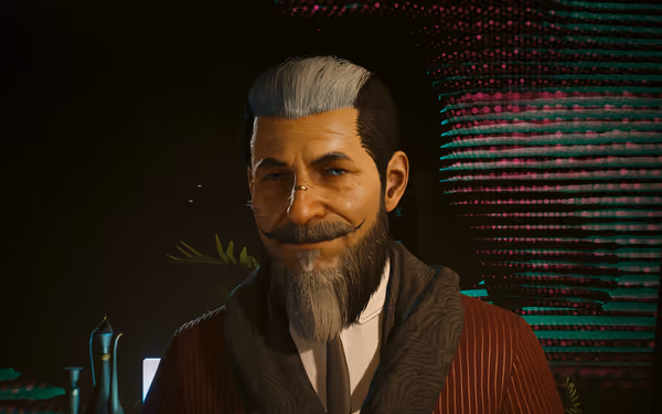 Smiling man with styled beard, facial implants, and striped suit stands before digital backdrop.