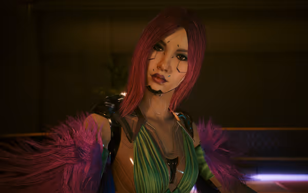 Woman with red hair and facial cybernetics wears vibrant green outfit with purple fur.