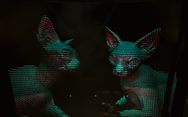 Two stylized, neon-striped sphynx cats face each other in a dark digital environment.