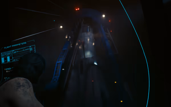 A man watches a towering rocket on a launchpad through a glass interface display.