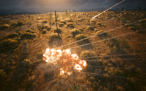 A series of fiery explosions erupts in a desert landscape with cacti and scattered shrubs.