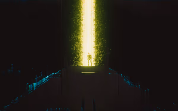 A lone figure stands before a vertical beam of glowing yellow light in darkness.