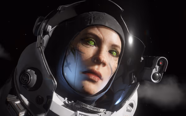 Female astronaut with electric green cybernetic eyes stares forward inside space helmet.