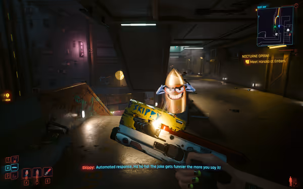 A hand holds a yellow pistol named Skippy with a talking bullet hologram.
