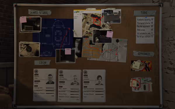 A heist planning board shows maps, photos, crew profiles, objectives, and escape routes.