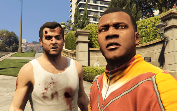Two men stand outside—one in a stained white tank top, the other in a red and yellow jacket.
