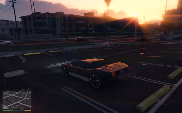 A black sports car is parked in a lot at sunset, city streets and buildings visible.