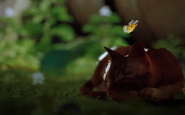 A brown cat is sleeping on grass while a butterfly hovers above its head.
