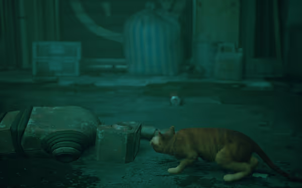 An orange cat sniffs a fallen robot’s head in a dirty, green-lit alley.