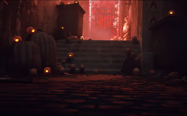 The image shows a dimly lit alley filled with glowing-eyed pumpkin-like figures and debris.